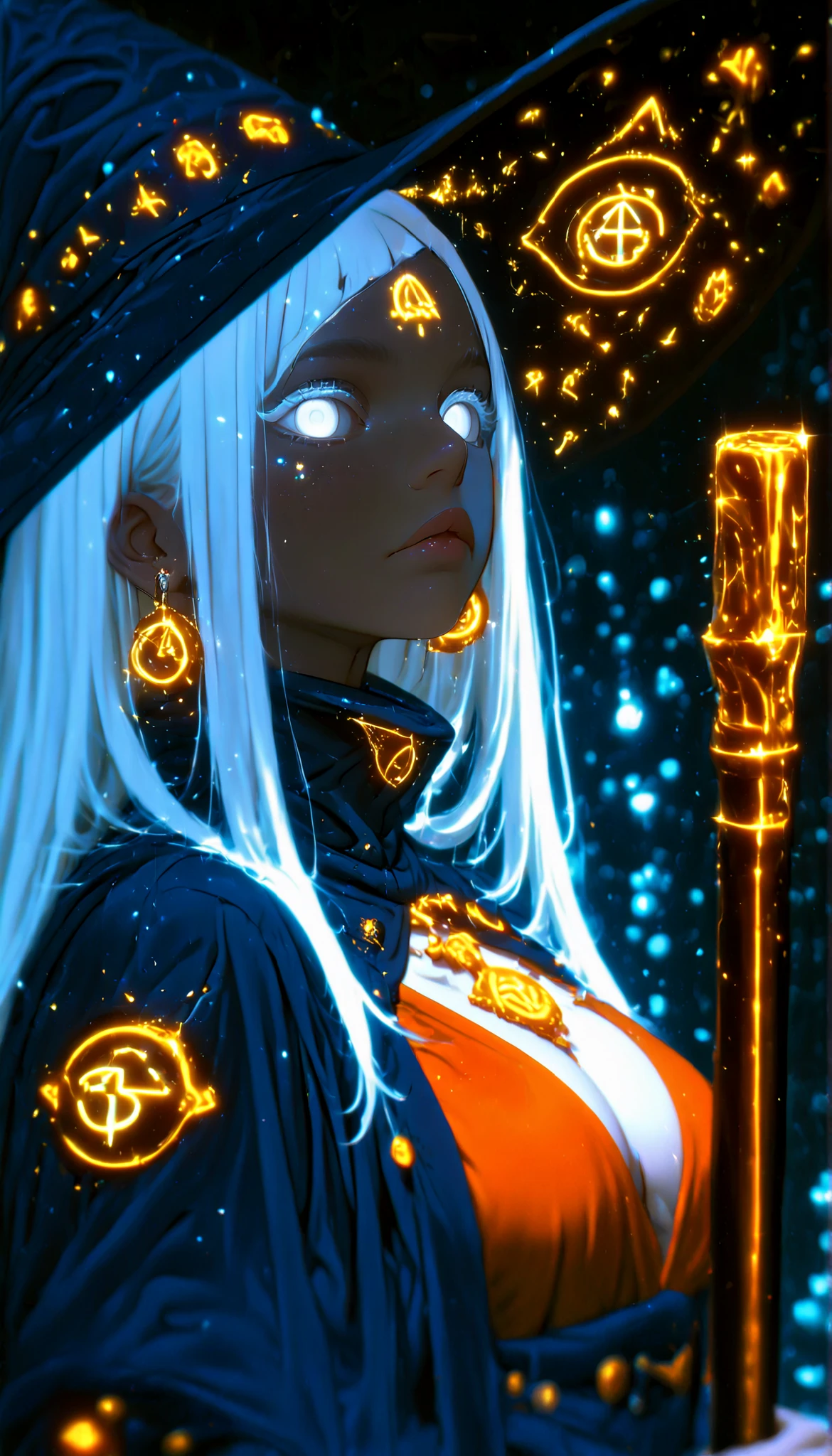 depth of field, high definition image, a lot of details,1 girl,Witch of the Dark,albinism,bestido negro,matt black metal cane,shimmering orange pendant and earrings,white eyes,,white hair,turtleneck,dress covers her whole body,Rhombus symbol tattooed on the forehead