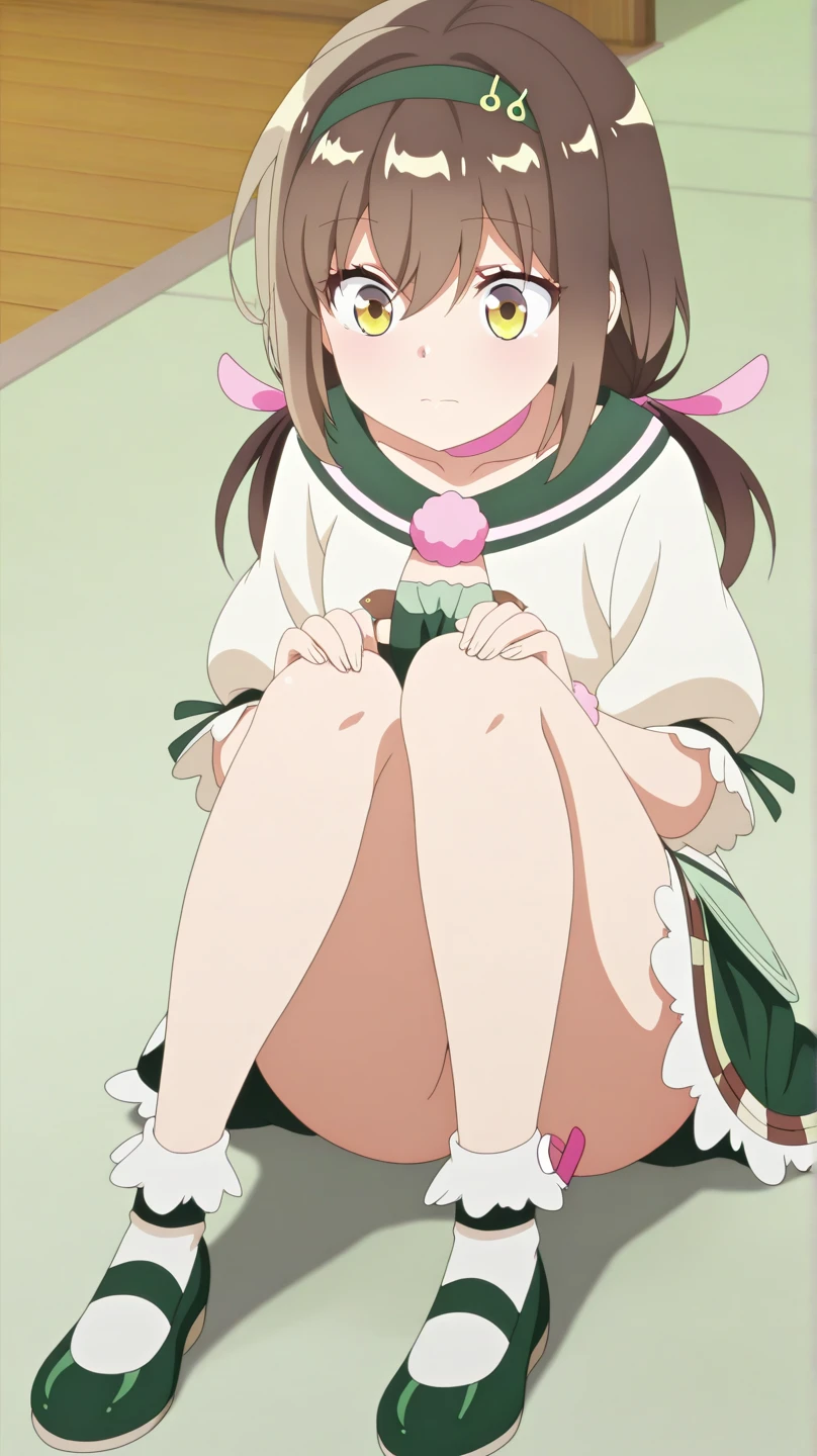 extremely detailed,
(Ellen 18-years-old, short dark layered hair, Brown-eyed, small breast:1.0), hair clips 
Fantasy green rogue outfit, alley, spread legs, groin , embarrassed , panties 