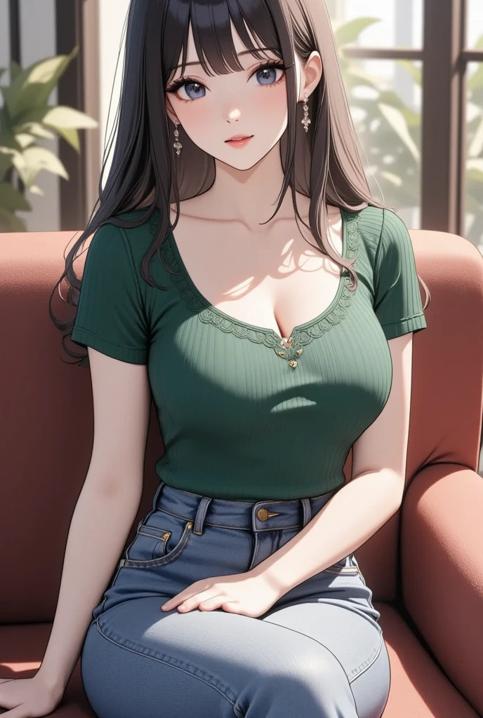 Asian woman in green top and jeans posing for photo, green top, gorgeous chinese models, Beautiful Asian girl, cleavage, Gorgeous young Korean woman, green body, With large breasts, Beautiful asian woman, Japan goddess, buxom chested, Asian girl, beautiful Korean women, Busty, The chest large, Big breasts