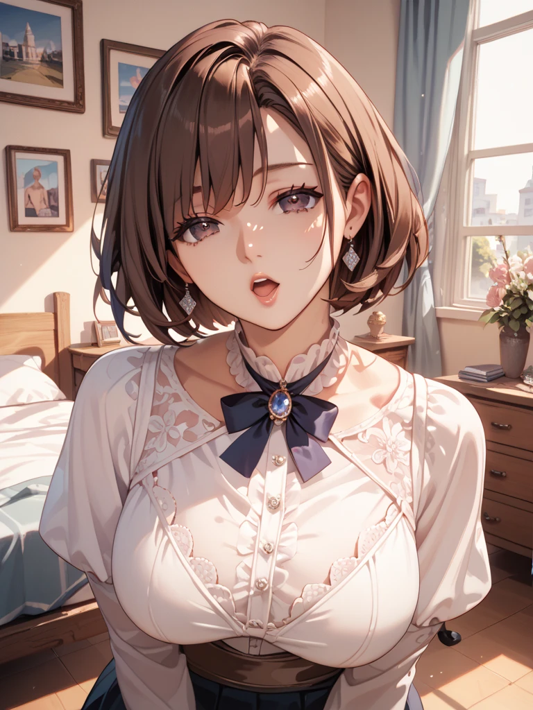 One Woman, alone, middle aged, Beautiful middle aged woman、I could see the whole body、 ((short hair)), ((Brown eyes, Beautiful eyelashes, Realistic eyes)), ((Detailed face, blush:1.2)), ((Smooth texture:0.75, Realistic texture:0.65, Realistic:1.1, Anime CG style)), ((Glamorous Body)),((Big Breasts)), Dynamic Angle, Perfect body, ((Light purple transparent blouse, Red Skirt))、(Hotel stairs)、that&#39;the wind is strong、(Very embarrassing panic smile)、I can see her panties peeking out in front of me.., Angle looking up from the top of the stairs、 (((The wind blew up her skirt、Your pants are completely visible..、Pink Floral Panty Star Piece, Highest quality, High resolution, Pixel perfect, 8k,))), 
