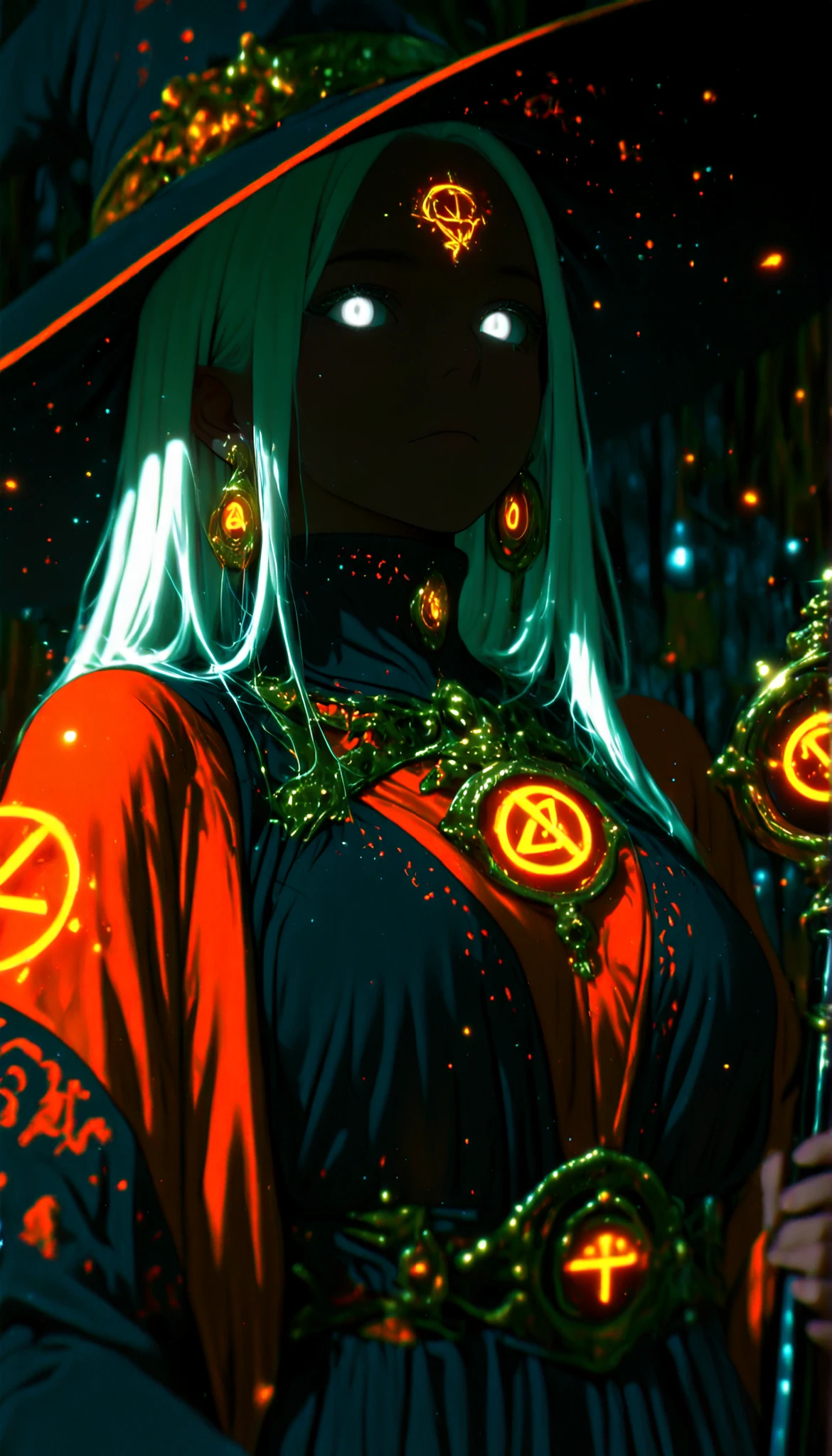 depth of field, high definition image, a lot of details,1 girl,Witch of the Dark,albinism,bestido negro,matt black metal cane,shimmering orange pendant and earrings,white eyes,,white hair,turtleneck,dress covers her whole body,Rhombus symbol tattooed on the forehead