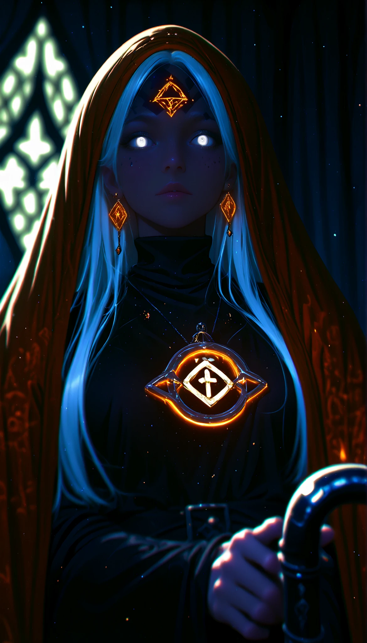 depth of field, high definition image, a lot of details,1 girl,Witch of the Dark,albinism,bestido negro,matt black metal cane,shimmering orange pendant and earrings,white eyes,,white hair,turtleneck,dress covers her whole body,Rhombus symbol tattooed on the forehead