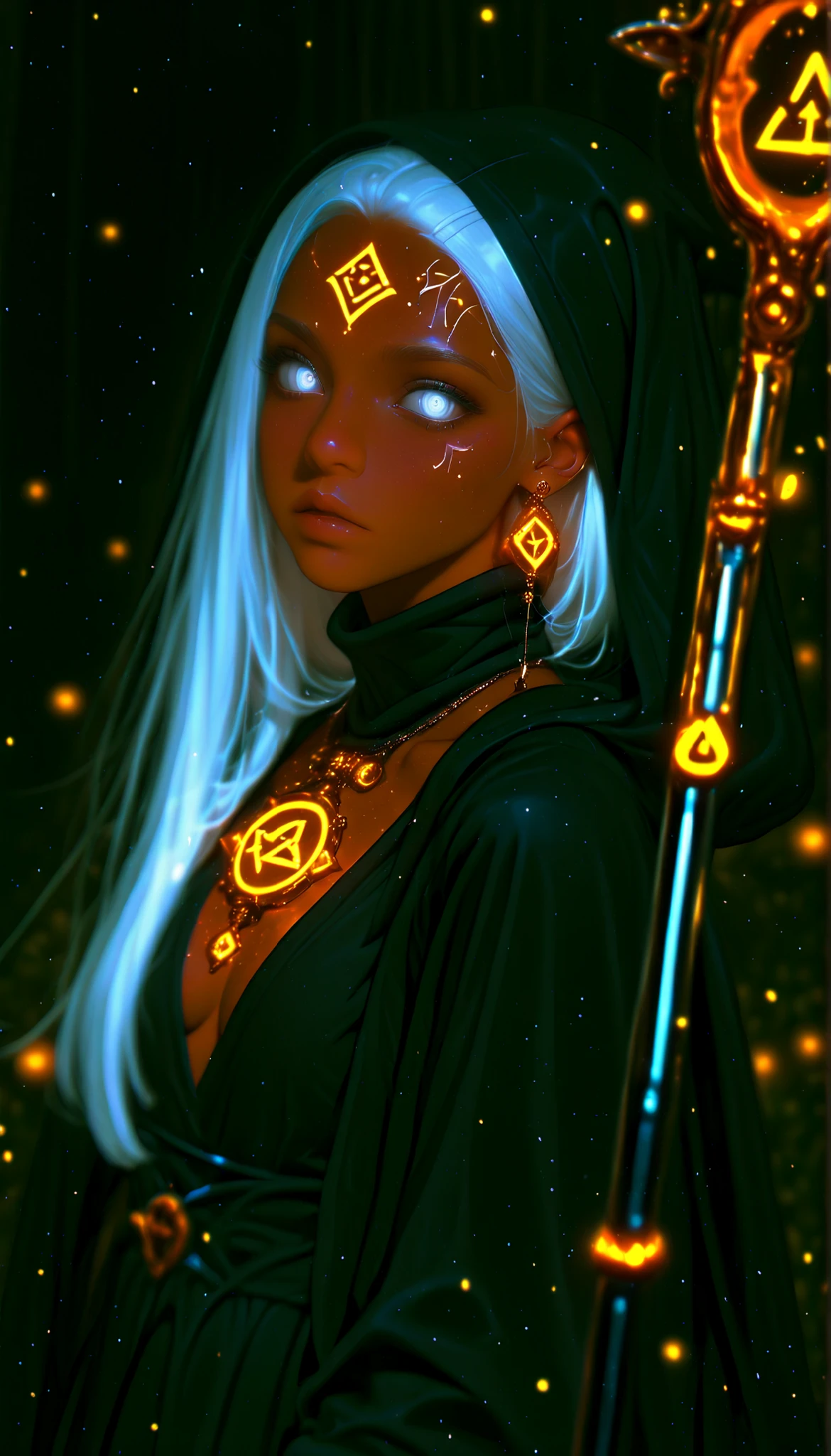 depth of field, high definition image, a lot of details,1 girl,Witch of the Dark,albinism,bestido negro,matt black metal cane,shimmering orange pendant and earrings,white eyes,,white hair,turtleneck,dress covers her whole body,Rhombus symbol tattooed on the forehead