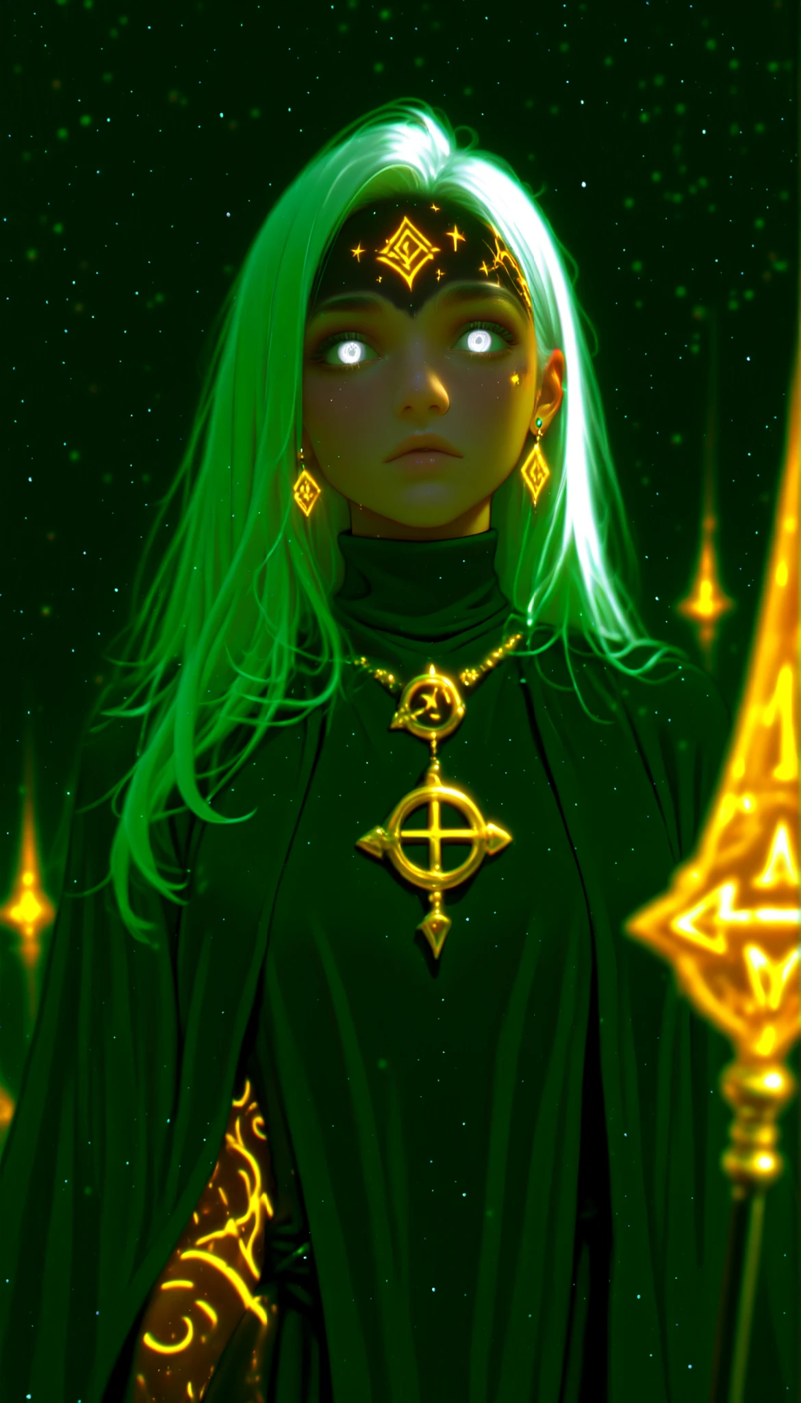 depth of field, high definition image, a lot of details,1 girl,Witch of the Dark,albinism,bestido negro,matt black metal cane,shimmering orange pendant and earrings,white eyes,,white hair,turtleneck,dress covers her whole body,Rhombus symbol tattooed on the forehead