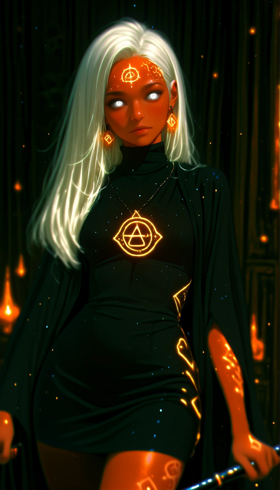 depth of field, high definition image, a lot of details,1 girl,Witch of the Dark,albinism,bestido negro,matt black metal cane,shimmering orange pendant and earrings,white eyes,,white hair,turtleneck,dress covers her whole body,Rhombus symbol tattooed on the forehead