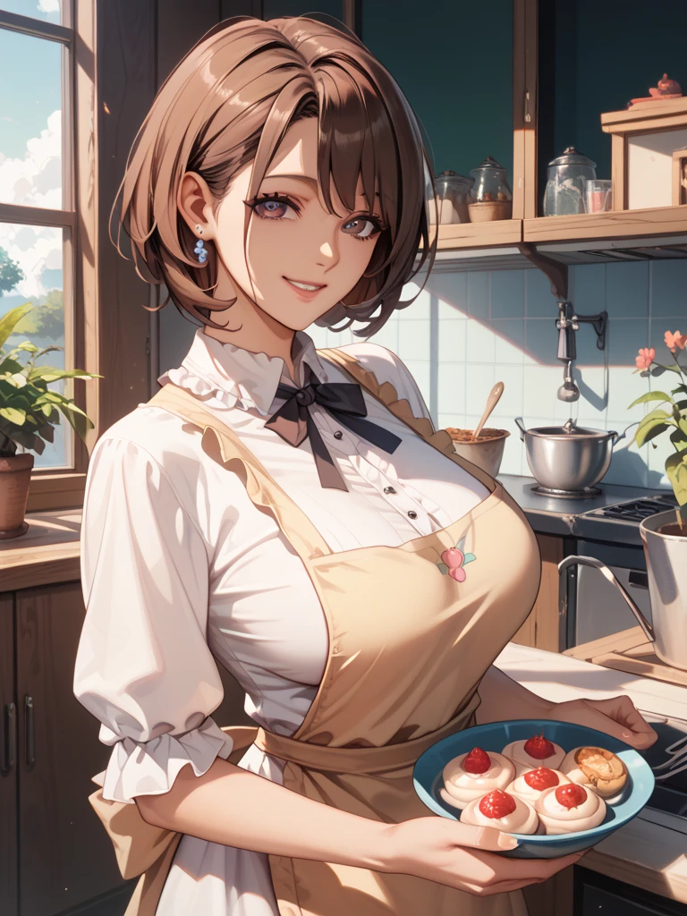A woman with average height, with a curvy build; curly red hair; blue eyes; freckled face; a perpetually cheerful smile; soft breasts; cooking dinner in the kitchen; wearing an apron and nothing else; soft blur background, clear complexion