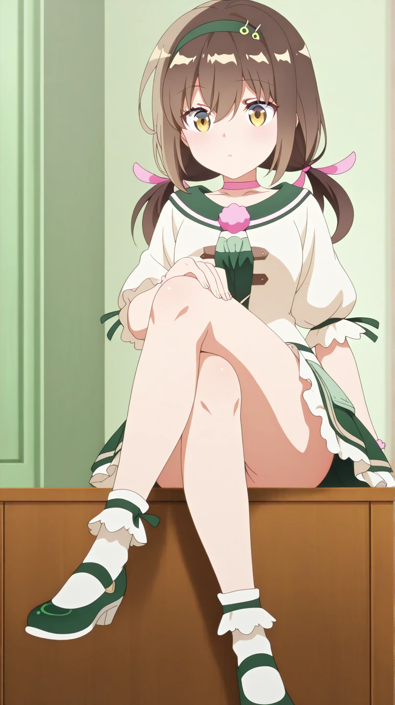 (((Horse Girl))), (((Fine Motion))), Thighs, sitting on a luxurious red sofa, (((Panties are slightly visible))), smile, Dress like a young lady, (((Green panties))), High resolution, Knees up, (((Ecstatic expression))), (Thighs)、Top quality eyes, Detailed Texture, Looking at the camera,