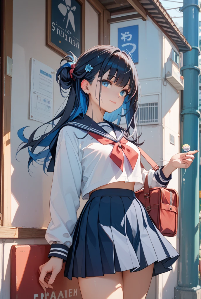 (whole body),1 girl, alone, smile, Open your mouth, angelMagicalClothes，blue eyes，Black Hair，Long Hair，White school swimsuit，1 girl, masterpiece, high quality, 最high quality,  beautiful背景, Particles of light, Light of the sun, Dramatic lighting, outside, Shiny, Realistic, 最high quality, Very detailed, Get used to it, scenery, beautifullyて細かい目, Thinning hair，whole bodyショット，((Very detailedな背景)), ((Cowboy Shot,Dynamic Angle))，1 girl,(Shiny肌:1.3),(beautifully濃厚な肌),(Thinning hair), masterpiece, high quality, High resolution, Confused,(beautifully、beautiful:1.2), beautiful手, (4K), 8k, Perfect balance,(Very detailedな CG Unity 8k 壁紙), Perfect hands, Embarrassing, Intricate details,Written boundary depth,Professional photography, Bokeh, High resolution, Sharp details, 最high quality, Thick thighs,