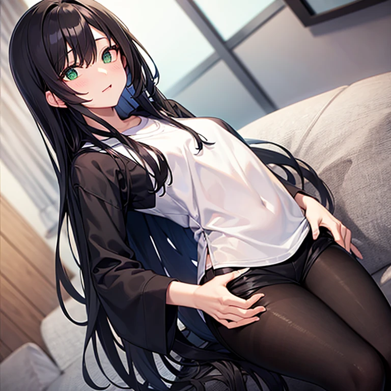 ((Highest quality)), ((masterpiece)), ((Very detailed)), (Very cute),A gentle-looking woman with black hair and a smile, about 165cm tall,A woman with a cute smile wearing a hoodie with a cool pattern and bare shoulders, alone, Cute attitude,(background(bright),Long Hair - Straight,Knee-high socks、A white off-the-shoulder hoodie with a cool pattern,White wall、Sitting、Facing the viewer、