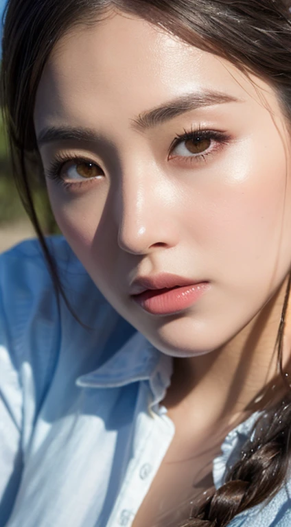 18 year old Japanese female、Glamour、Very large breasts、Wearing a white shirt、Highly detailed face,round face、 Lips Detail,,Big eyes、double eyelid, Detailed black eyes,Thin lips、 Very beautiful face、current eyes, Beautiful Eyes, (Real Skin), Beautiful Skin, Ultra-high resolution,Close-up of face、Facing forward and gazing at me、