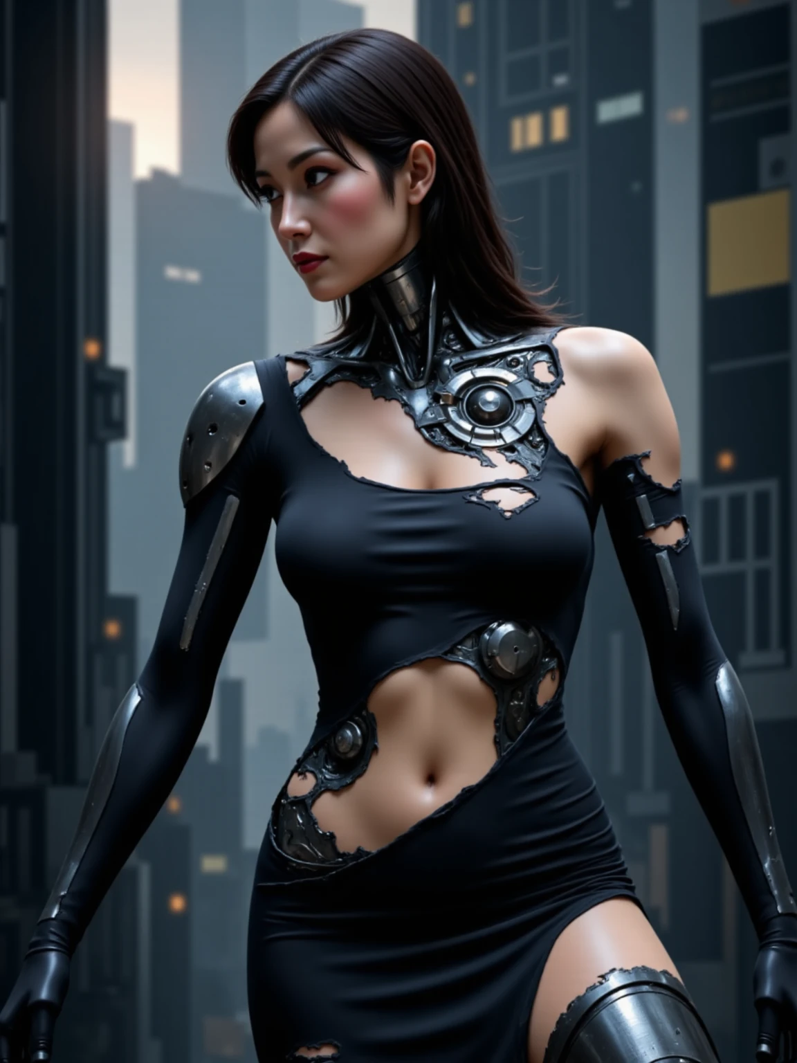 Cyborg woman wearing a futuristic leotard, perfect body, robot parts, red glowing eyes, red minimal background, perfect face, cyberpunk aesthetic, horror cyberpunk, darksynth aesthetic, red neon lights, red neons, ultra detailed, photorealistic, masterpiece.