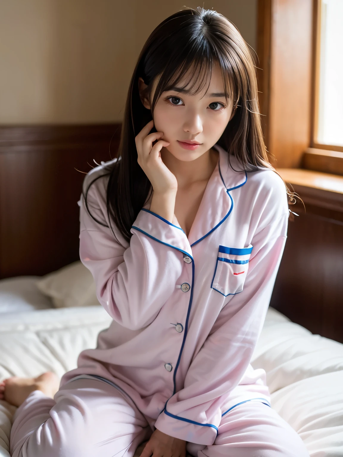 A 25-year-old female college student in pajamas is in an old room.。