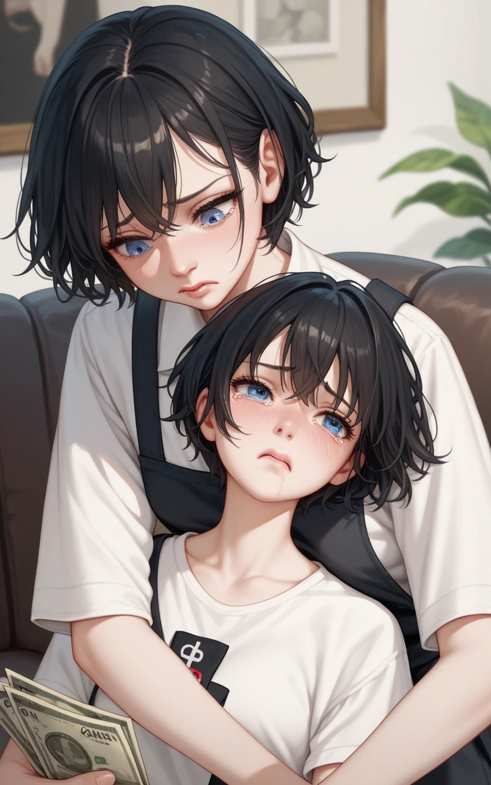 Masterpiece,best quality, one Japanese boy, 20 years old,(tall and thin,sleepy droopy eyes, long face, (thin cheeks:1.2),(black shaggy short hair,Surprised face close-up:1.5),(plain gray sweatshirt on top and bottom, long sleeves, long pants, bare feet:1.5),(Plain background:1.5),