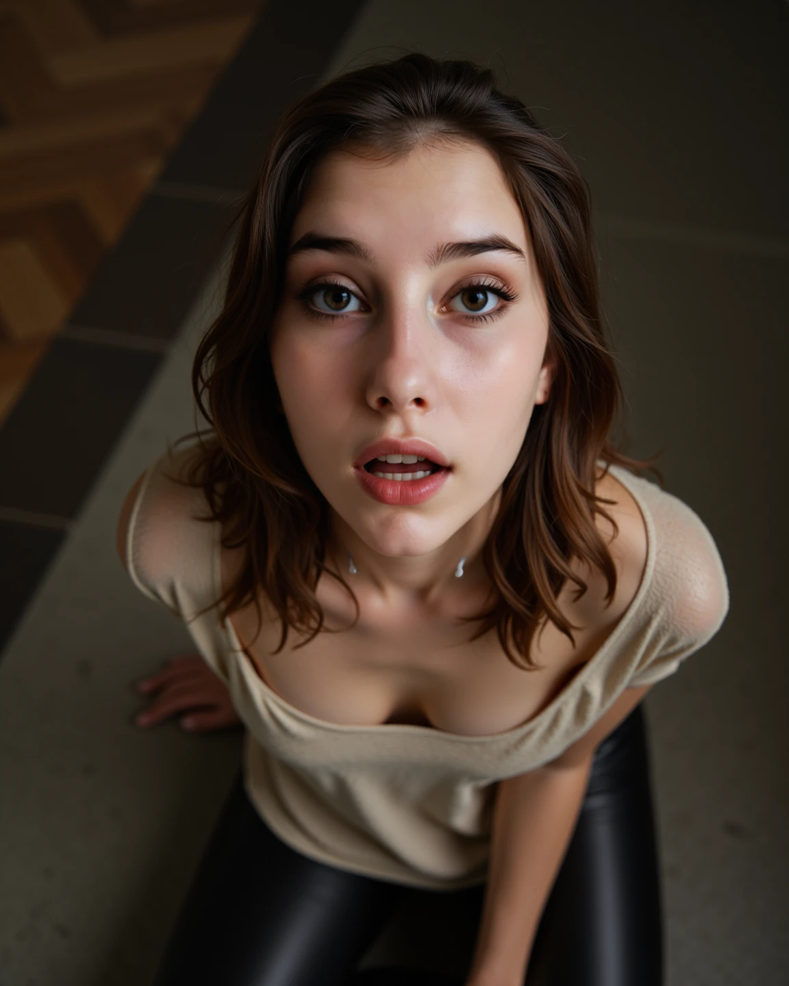 ((Best quality)), ((masterpiece)), (detailed) perfect face. young girl sitting on the table. completely naked. hands up. curly hair. Blue eyes. Holds a penis in each hand. Very .