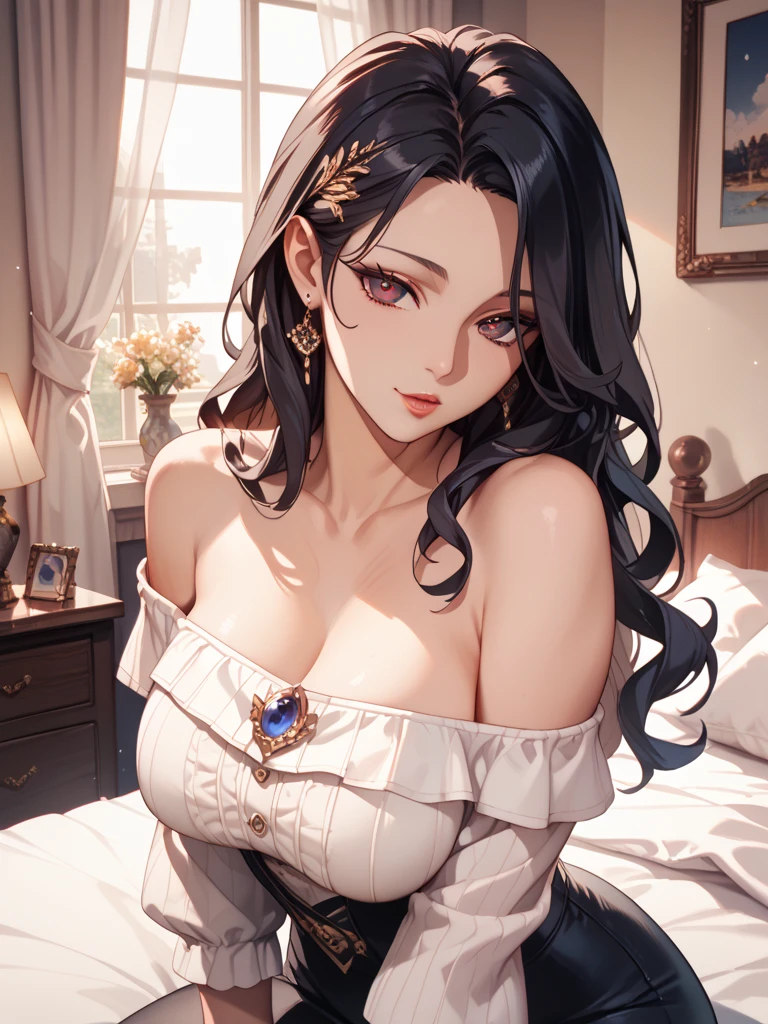(anime moe style)),((game CG)),(masterpiece),(highest quality), (Super detailed),shape,((very delicate and beautiful)), ,sharp look,looking at the viewer,(((24 year old female)),((whole body)),detailed face and eyes,Intense eyes like jewels,(loosely braided long hair),,,(super huge breasts,long and slightly saggy breasts,nipple) plump body black hair, black eyes A special, luxurious and carefully made dress like a princess, gorgeous jewelry, a royal castle, lots of lace, a gorgeous tiara, a black frilly dress, lying face down, butt sticking out