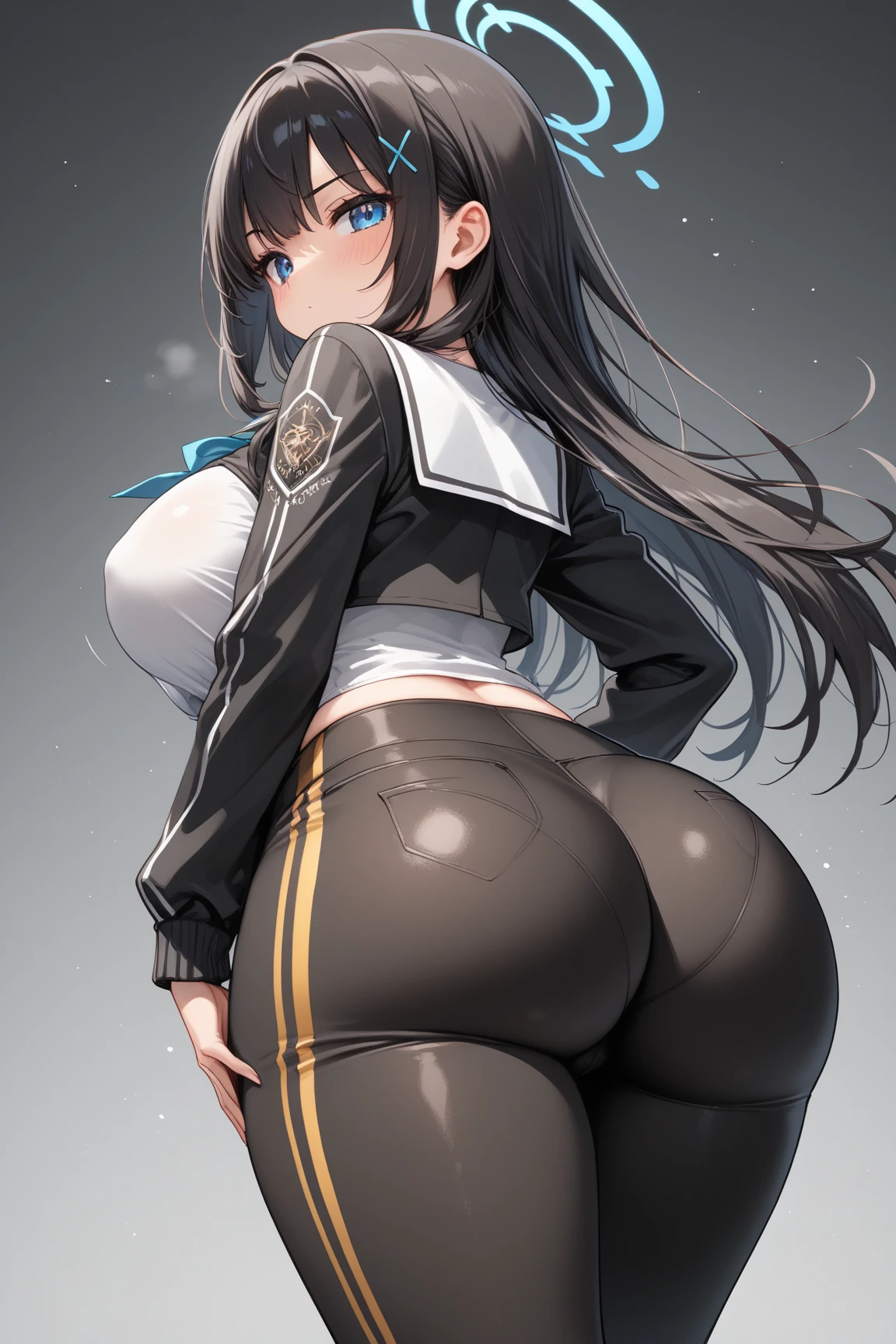 One Girl,Precise five fingers,{Knee-high socks}、(((Wide Hips)))、 (((plump and thick thighs)))、((Big Ass))、(Big Breasts) Embarrassed look,whole body、Long Hair、Sexy pose,Black footwear、Black Hair、blonde、Short skirt、