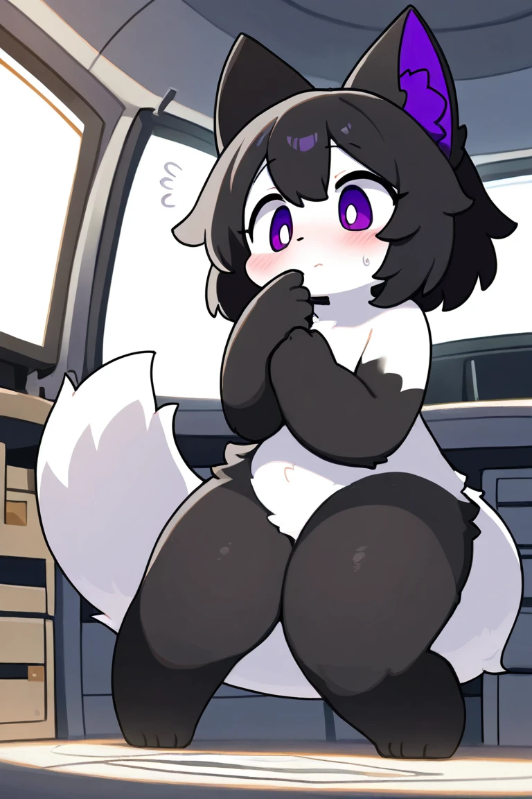 ((best quality)), ((masterpiece)), (detailed), 1 cat girl, nude, black tabby fur, tail, heterochromatic eyes, one blue one green, shiny fur, silky fur, medium tits, exposed back, medium hips, medium ass, ass with white fur, ???? exposed,Close-up image , in a bed.