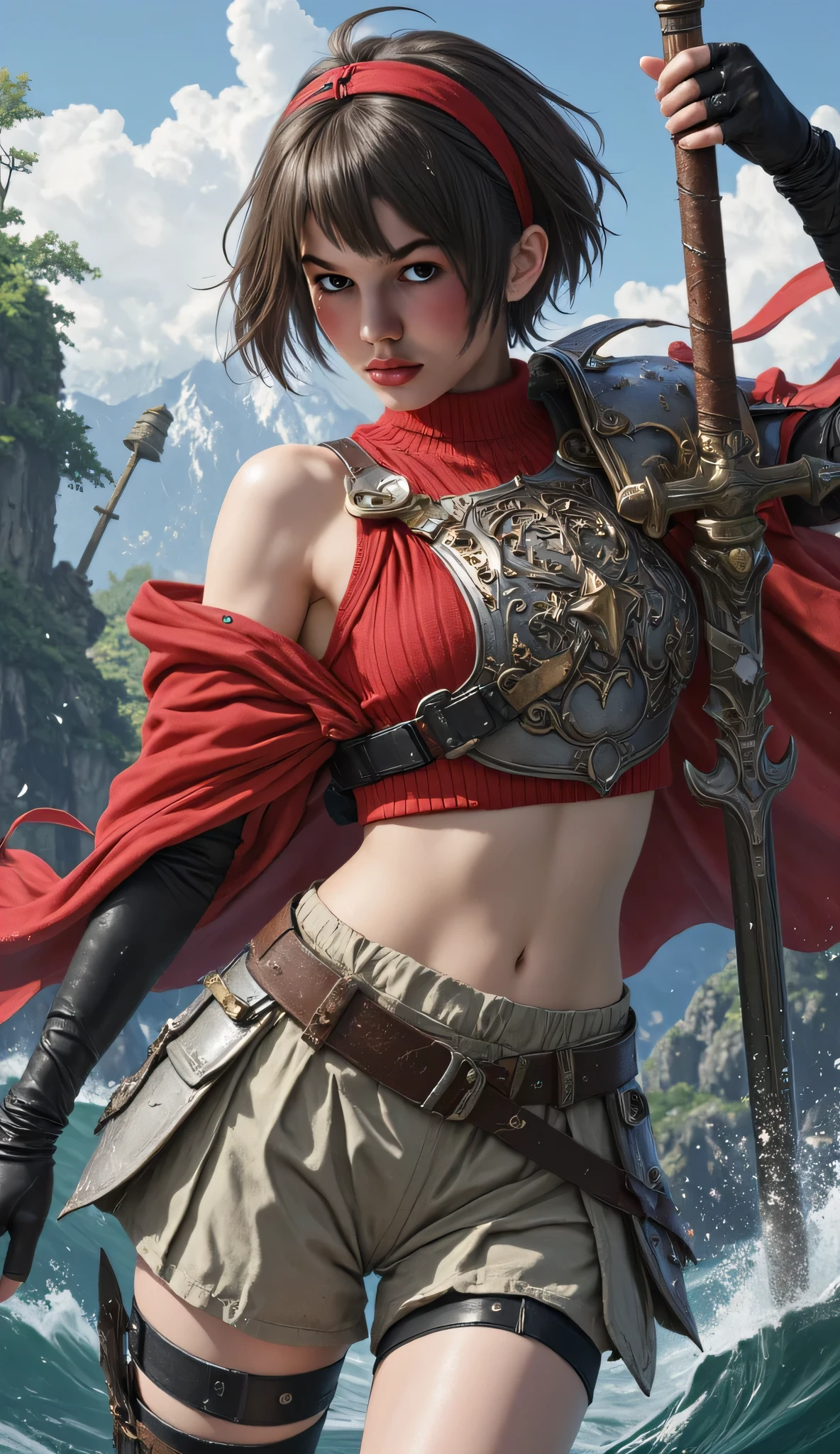 (realisitic,Photorealsitic:1.4),(1 beauty:1.3),(beautiful countenance:1.5),Detailed shiny skin,A detailed eye,Precise hands and fingers,8K HDR, , masterpiece, (Dynamic Angle Video),电影灯光, Finely drawn backgrounds,(steampunc,Decadent,scientific fiction,bleed,Traces of war:1.2),Beautiful American,Teens Fashion,brown haired,short-hair,Frigid tundra,snowy forest,Wielding a long sword,attractive navel,Composition looking up from below