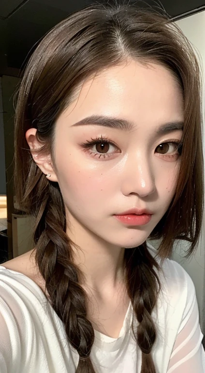 One girl,  Small breasts,, (8k, RAWphotograph, highest quality, masterpiece:1.2),(Realistic, photo-Realistic:1.37),Very delicate and beautiful,photograph,8k,In detail,Beautiful fine details,highest quality,Ultra-high resolution,((Very detailed)),(photo-Realistic:1.37),looking at the camera、(((short hair)))、((right eye:Mole on outer corner of eye))、((Narrow waist))、(slender)、(office)、((White shirt))、Black Skirt、((Kissing Face))