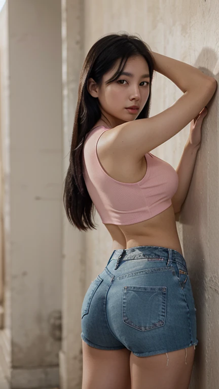 (Polinisia bronceada sexy|Asian woman, thicc hourglis figure, Perfect eyeliner:1.2), (Obra maistra:1.4, Best Quality), medium breasts, unity wallpaper 8k, ultra detailed, (pastel background, vistiendo pantalonis cortos de gimnasia y una camiseta sin mangas colorida:1.3), seductive pose, Upper part of the body, is, hermoso y istetico, detailed, Alone