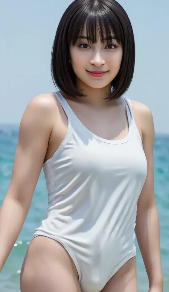 ((best quality)), ((masterpiece)), (detailed), perfect face,girl on the beach with white shirt and short jean,sexy pose,short bang hair
