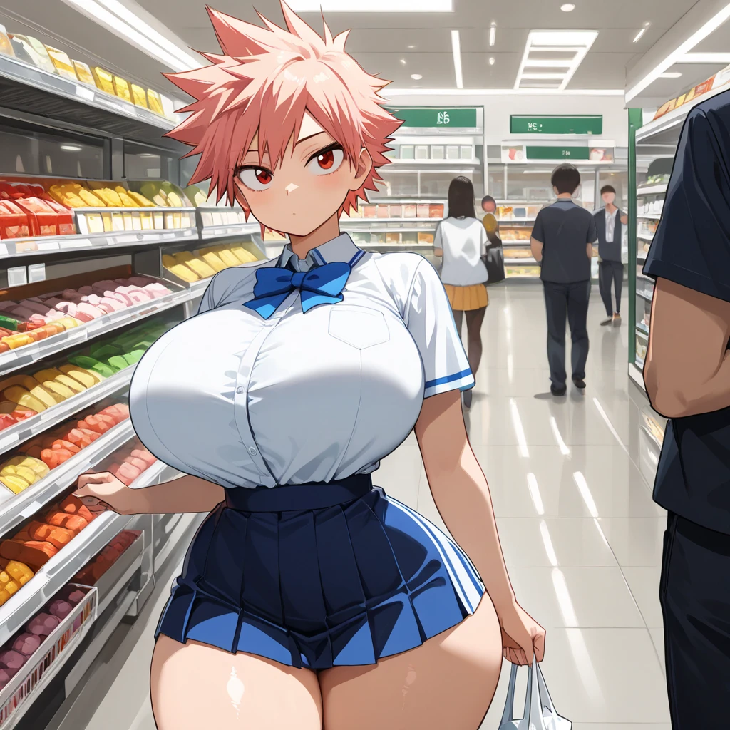 1 girl, topless, khaki pants, outdoor, navel, croptop, streets, sweaty, marketplace, puddle, sneakers, necklace, sleeveless, holding canned beer, wet, smiling, dirty, wet market, raining, raindrops, philippines, large breasts, kneeling, aqua eyes, gotoumichiyo, pink hair, , tongue out