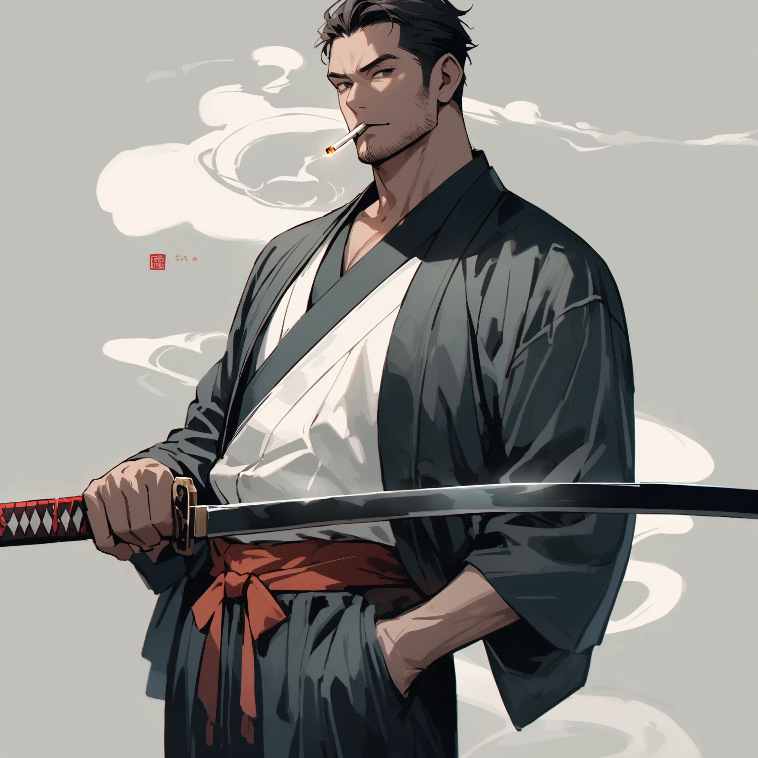 man, vampire. short white hair, kimono, muscular, thin, smoking, holds katana --auto --s2