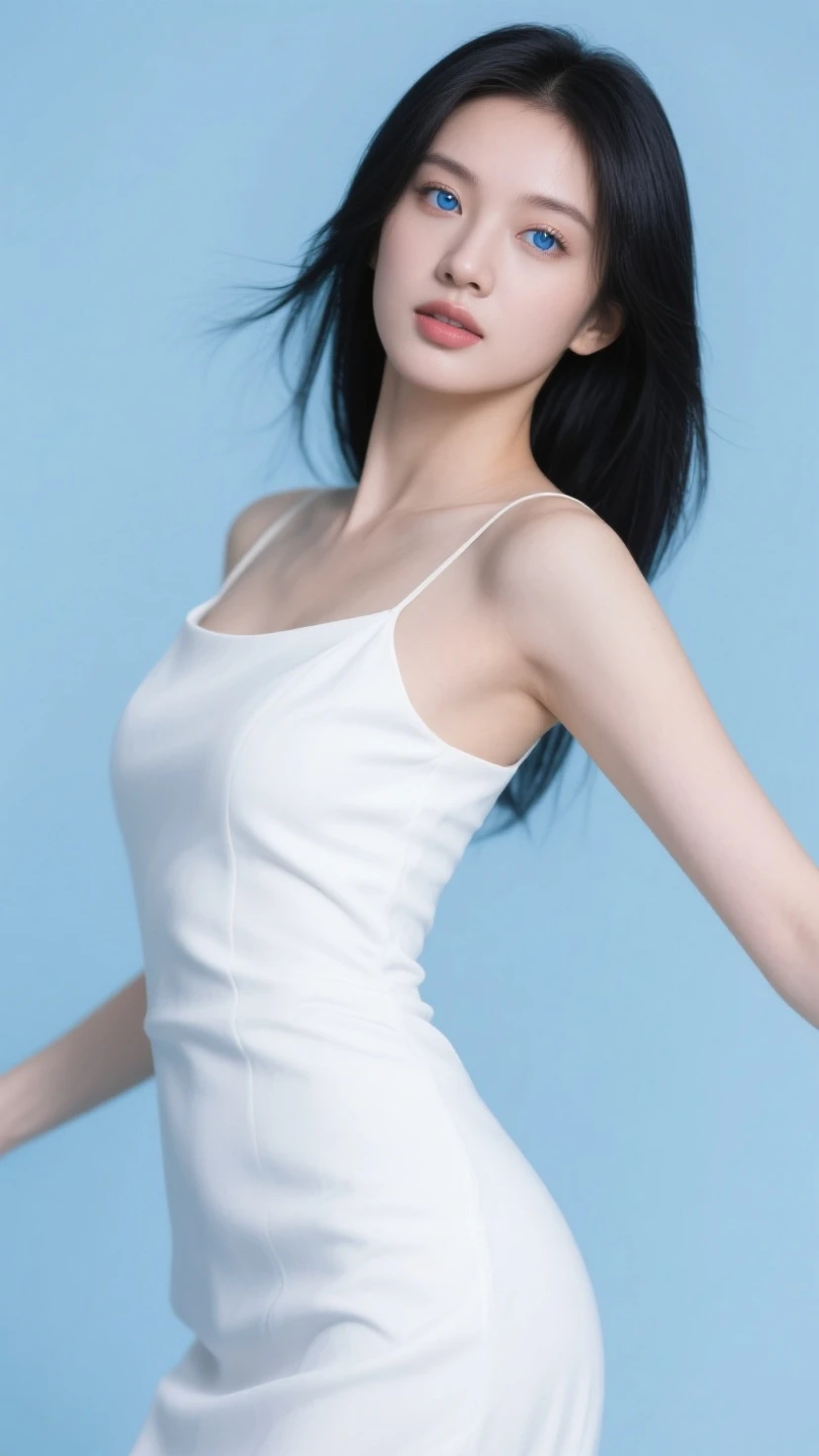 (((a white lily))),(detailed face),(crotch),normal breasts,pretty,sleeveless and turtle neck white silky clothes,4k ,super high resolution ,(photo-realistic: 1.7),white background,black long hair,