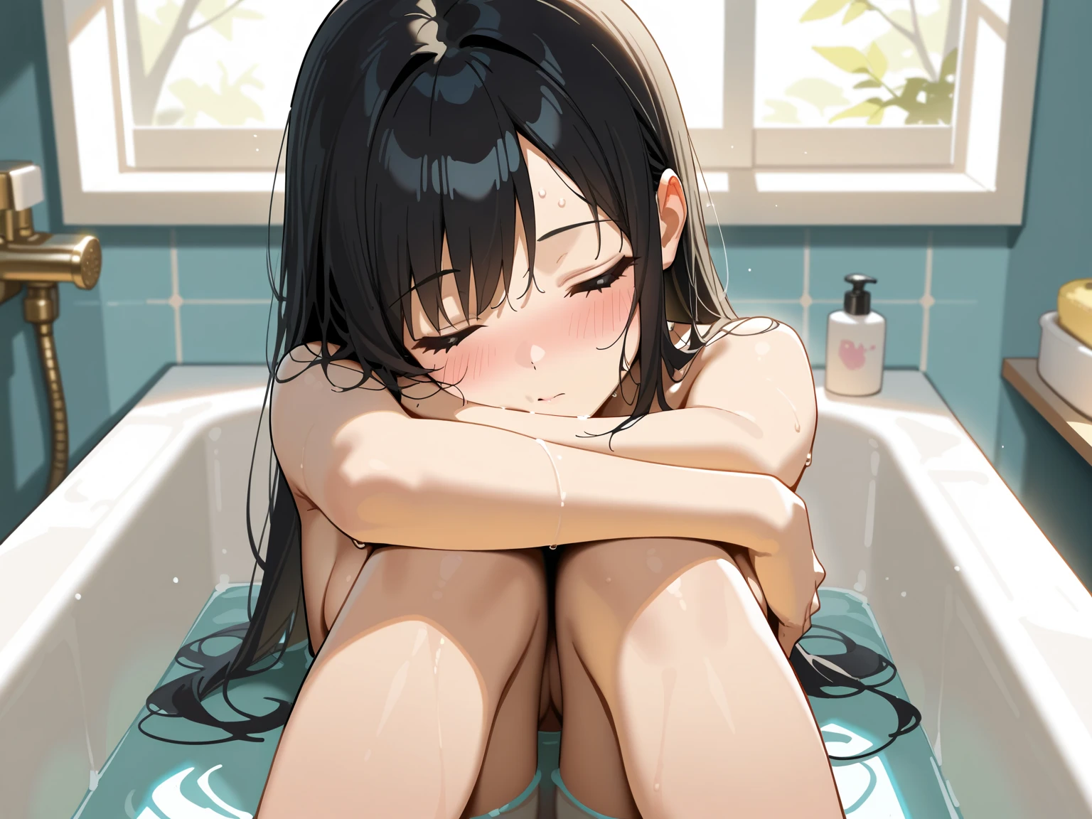 ultra detailed,((((1girl)))),(),((nsfw)),(((((cum pouring bath))))),(((legs up))),((sweat)),(((steam))),((nude)),(((absurdly long hair))),((black hair)),((tears)),((surprised)),(((excessive cum))),(((cum on hair))),((gigantic breasts))