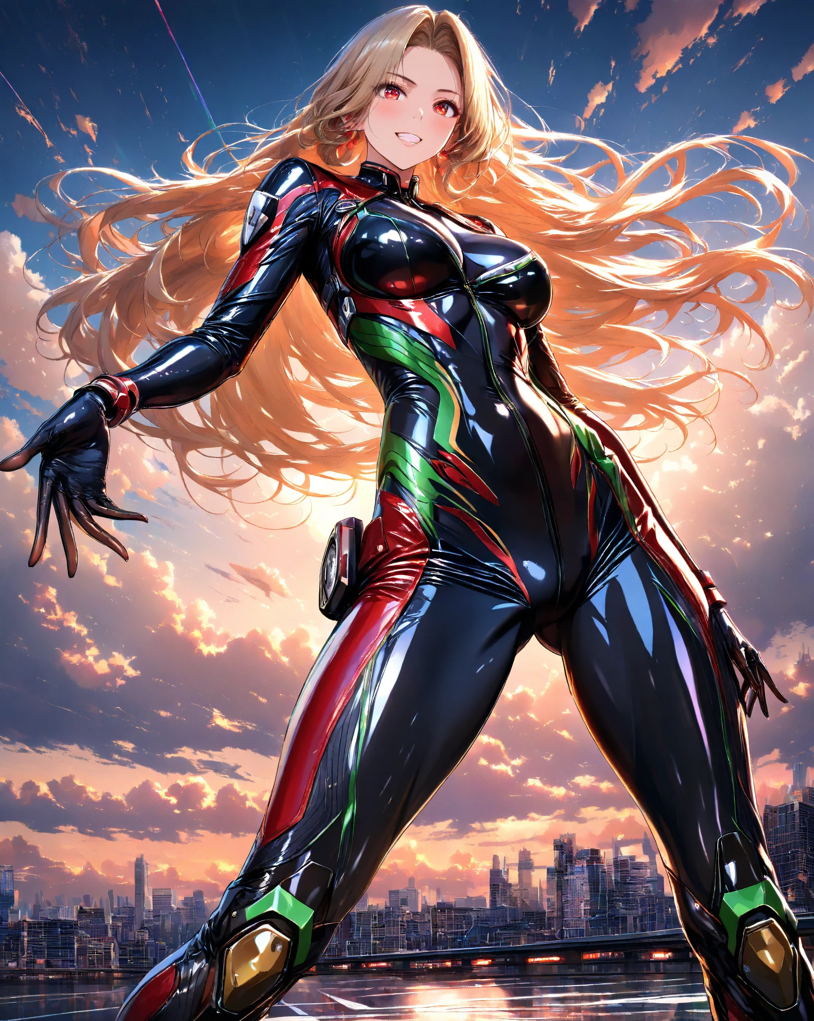 ((From behind)), (masterpiece), Highest quality, Expressive eyes, Perfect Face, High resolution, One girl, alone, Cammy White, Twin Blade, Long Hair, Blonde, Antenna Hair, (Red Hat:1.3), blue eyes, Wounds on the cheeks, Large Breasts, Green leotard, No sleeve, Red gloves, Fingerless gloves, Camouflage, Put your hands on your hips, smile, wonderful, Magic Background, Are standing, Portraiture, Looking at the audience,