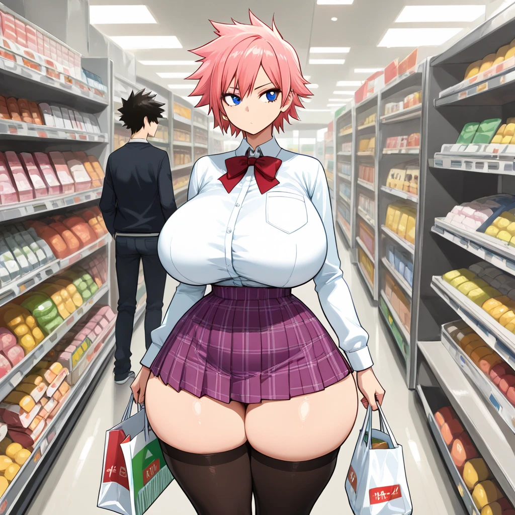 ph momo, momohd, phmomo, solo, 1girl, pink hair, purple eyes, short hair, hair flower, masterpiece, best quality, highres, 1girl, solo, pressing boobs against glass, (giant breasts:1.6)