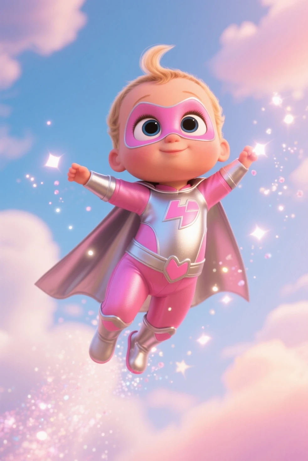Real hijab women. Average 15 year old. Flying in the sky.glowing pink power over body . Hijab . Spectacles google rubber band on top of head. Close up. Cheerful girl. Real person. Wear jumpsuit pink with hight tech. Real design modern. Minimalist flower design. Half body shoot. Hand holding dumbbell