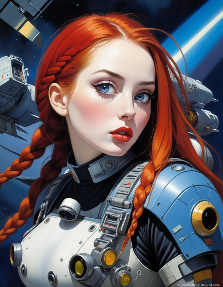 ((Best quality, 8k, Masterpiece: 1.3)), Sharp focus: 1.2, portrait, small breasts, A beautiful, adult cyberpunk red-haired woman in cyberpunk armor: 1.2, very long red hair flying around the image, very small breasts, ((Layered haircut, red hair, very long flowing hair, )), ((dark scene)), ((dim light)) skyscape, Stars and nebulae, Bright moonlight, Exploring the Cosmos (art inspired by Bill Sienkiewicz). oil painting)