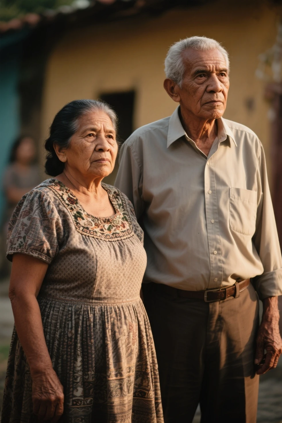 Realistic color photograph of an elderly couple, high contrast photography. Older Man and Woman Sitting on a Bench in Front of a Wall, by Matija Jama, Two Elders, Portrait of a Couple, by Dan Frazier, by Ingrida Juniper, Tight and Wrinkled Cloak, Portrait of Two People, Portrait of Couples, An Indonesian Family Portrait , ((dramatic detail of the fabric of their clothing)), well detailed hair