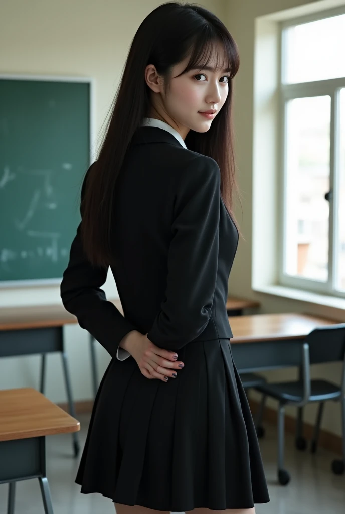 best qualtiy， tmasterpiece， A high resolution，8K，（realisticlying：1.4），超A high resolution，1girll， ultra - detailed， hyper realisitc， highly detailed CGillustration， offcial art， cinematric light， Realistis， Young and beautiful girl， perfect body figure， perfect body figure， full pov， Perfect body， （Starting below：1.3），  lewd poses， long sexy legs， Hosiery，self-assured， Beautiful Sexy， student school uniform，a blue tie，Bow knot， A-line cropped pleated skirt，Kurfo， S-shaped body， Upturned buttocks，posing on a，Pose，Different Perspectives