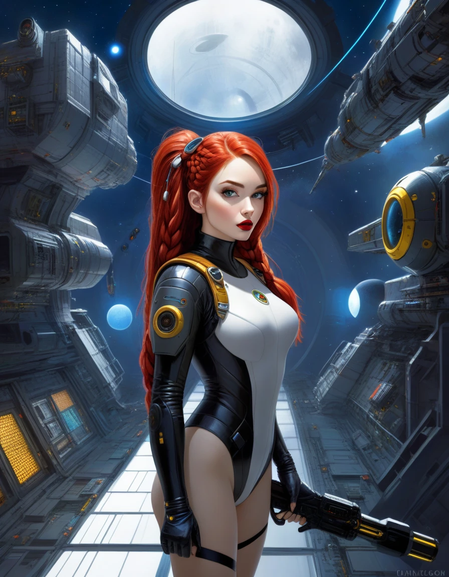 bishoujo, 1 woman, red hair, short straight hair, blue eyes, standing alone, full body, 1 person, black flightsuit, tight costume, full body visible, medical apron, Star Trek, Beverly Crusher