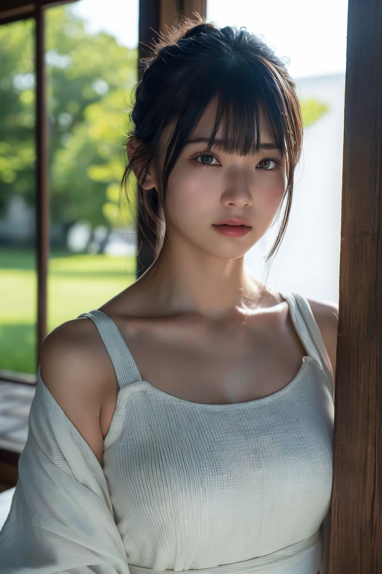 (Highest quality:1.4),(masterpiece:1.4),(Realistic:1.4),(Realistic:1.2),(超High resolution, RAW Photos:1.4),(High resolution, Ultra-detailed:1.2),(8k:1.2),Cinematic photography,a photo of a dark-haired,One girl,alone,wear ,((Japanese female warrior))、((Upper Body:1.3))、Raise your arms to show your sides、((Raise your arms to show your sides))、In the park