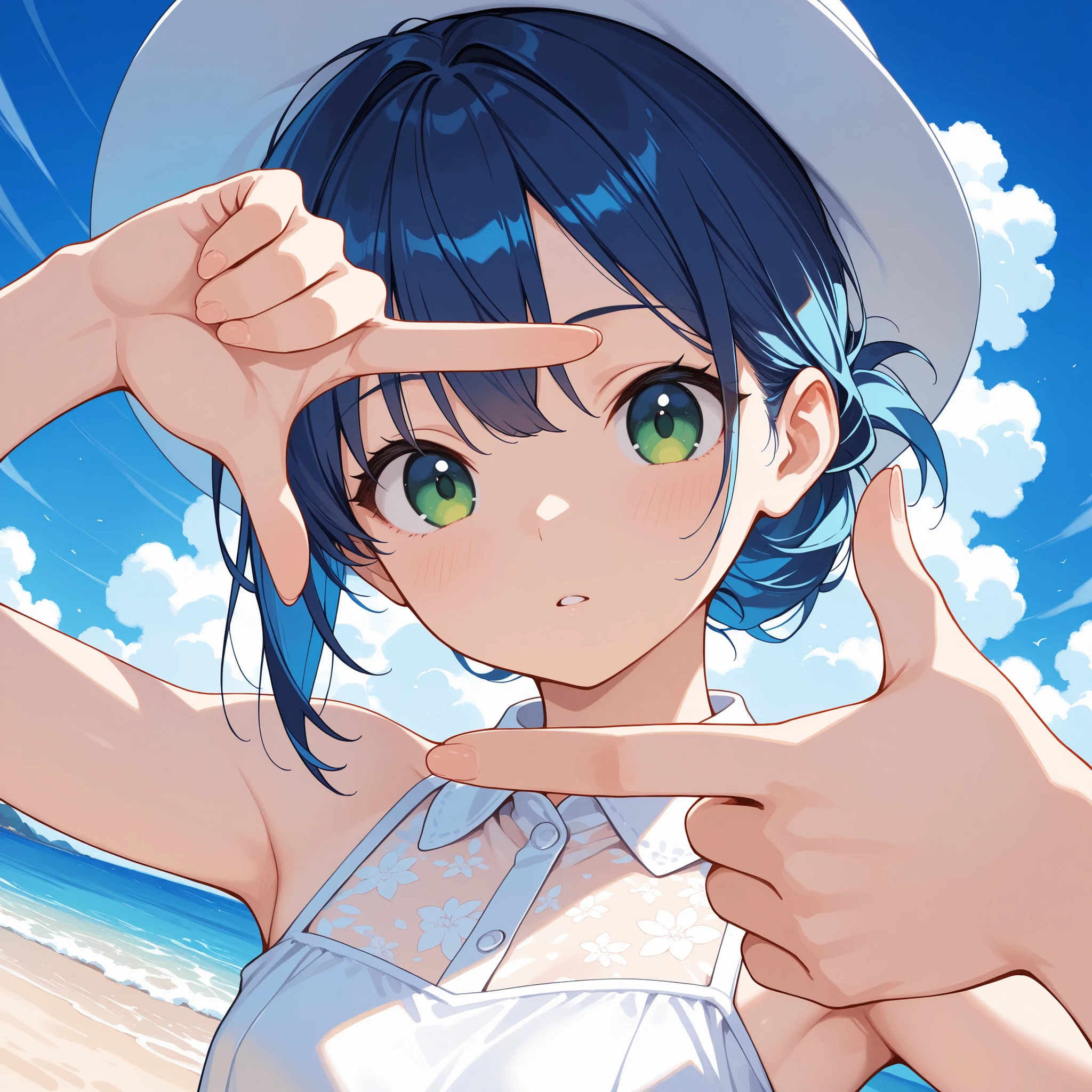 (Finger Frame), masterpiece, best quality, super detailed, 1 masterpiece, best quality, good quality, very awa, newest, highres, abstract, limited palette, 1girl,summer dress,white hat,blue hair,portrait, blue sky,cloud,sea,beach,wind, focus stacking ,(short hair),age up,(hair up:1.2),beautiful green eyes,small breasts, upper body, (fisheye lens)