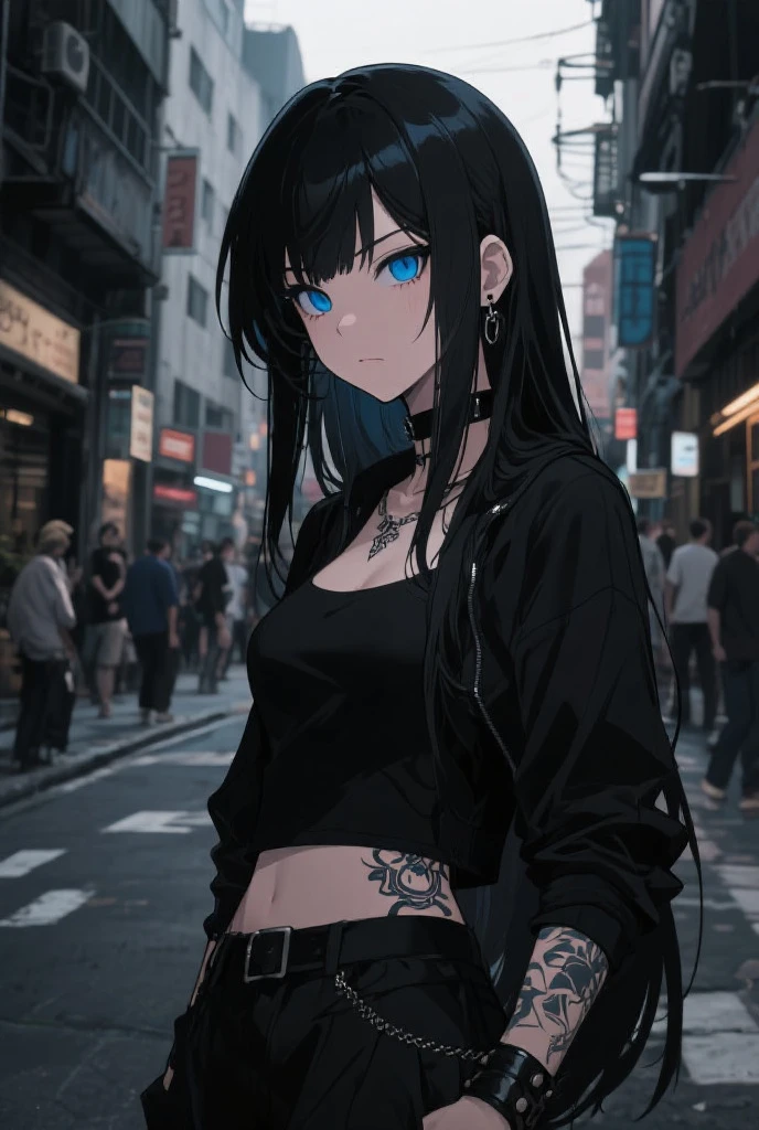 Photograph of the upper body of a beautiful woman,  , (big breasts), (small waist, perfect body), Sharp focus, (tall body, mature woman), ((Looking ahead)), (Highly detailed skin, hair follicles:1.4,) (long ponytai hair style, black hair, blue eyes) , (black t-shirt:1.47),(green pants),chain , There are tears. , Cross necklace , wearing a black leather jacket,  cross chain, city scenery , punk , night light  , high quality ,cold expression, one leather gloves , punk rock