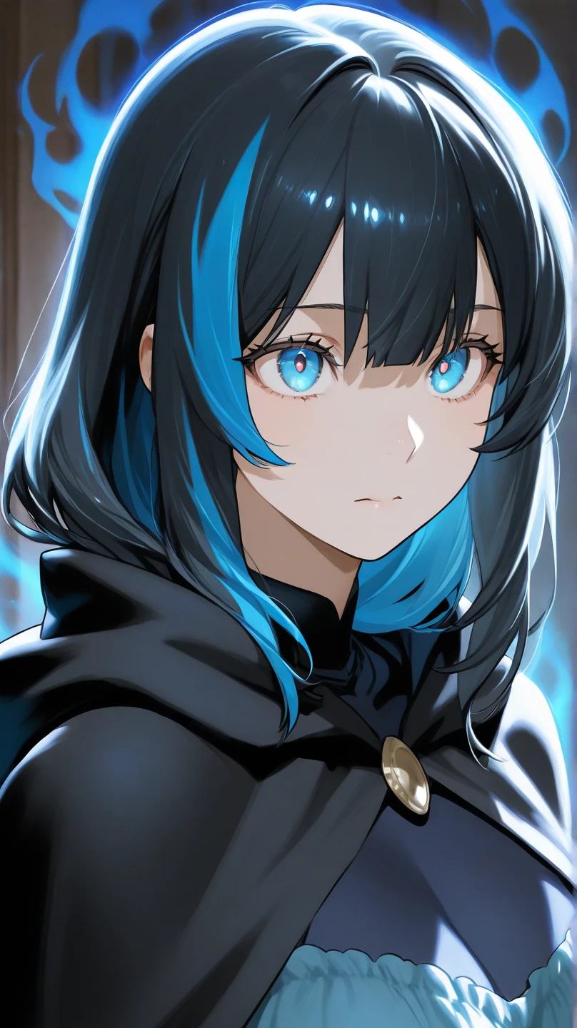 Anime girls, blaue Augen, schwarze lange Haare, Magier, evil look, perfekter Gesicht