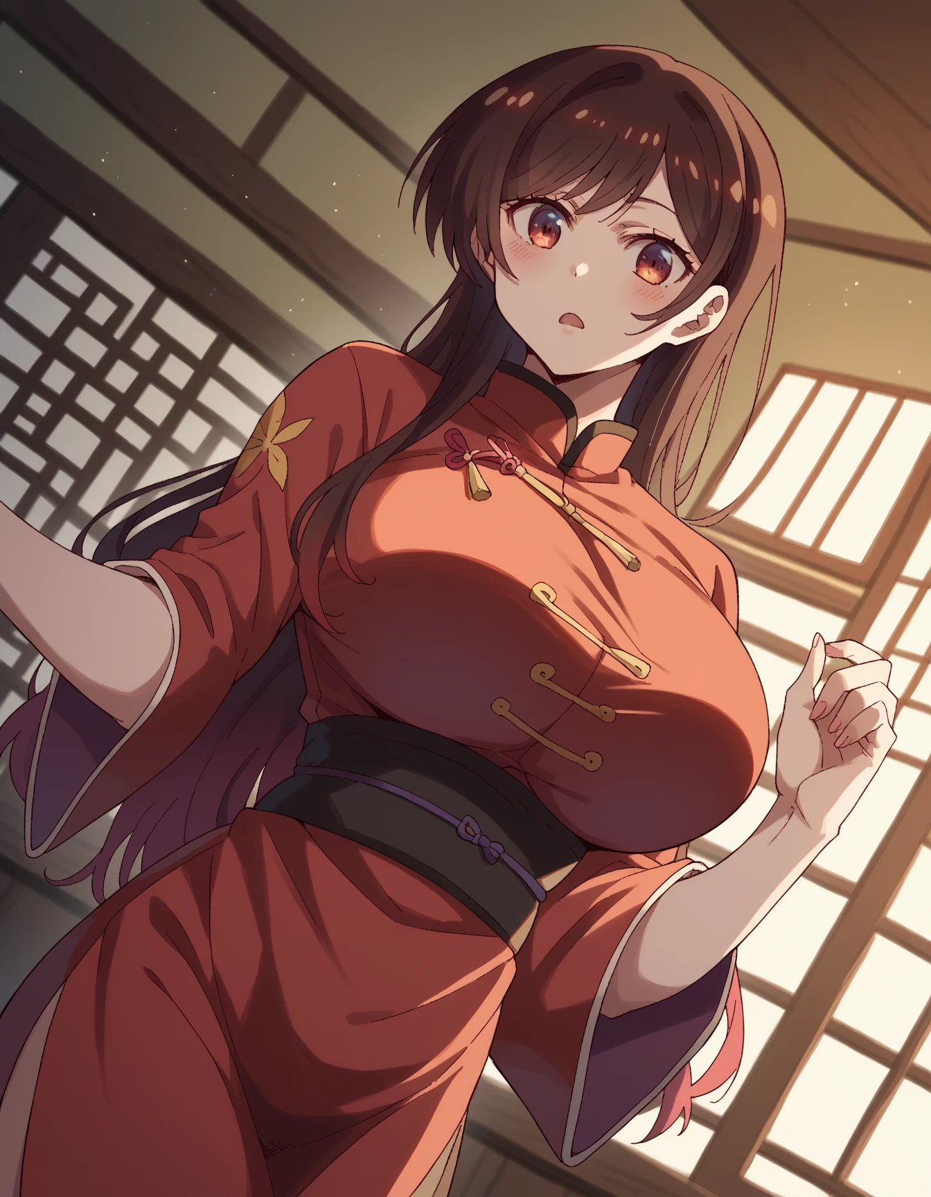 absurd res, high res, (masterpiece:1.4), ultra-detailed, 1girl, from above, space, floating, red Chinese dress, red dress, black stockings, light brown hair, yellow eyes, hands out of frame