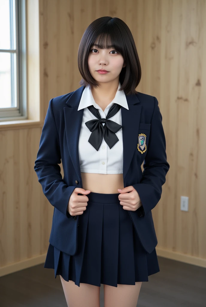 (masterpiece:1.2), Japanese, (14 years old), (a girl), room, (pretty school uniform), thighs, on a bed,