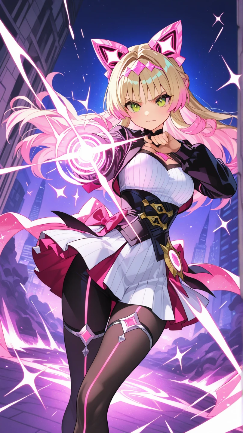 12k,Escalayer,long hair,hair_ornament,red eyes,pink dress,white long glove,thigh_boots, Embarrassing ,blush,,,White panties,,masterpiece,Noise Reduction,Perfect Anatomy,High resolution, Super detailed,Game CG,Dutch Angle ,Beautiful attention to detail,Visual Arts,Five Fingers, Perfect hands, Perfect lighting,,red eyes,(Silver Hair:1.4),evil smile,(Inside a futuristic base:1.4)