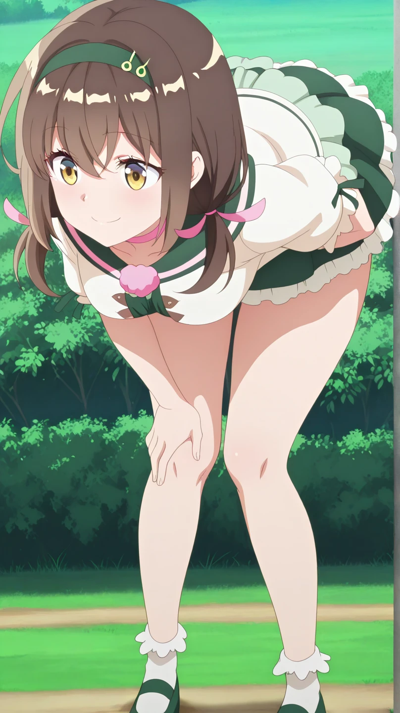 futaba,1girl,solo, brown hair, hairband, purple eyes, blush,looking at viewer, closed mouth, bangs, dress, green hairband,dress,twintails, white background, sitting, knees up, futa, (penis:1.35), (nipples:1.47), cute, (:1.6),