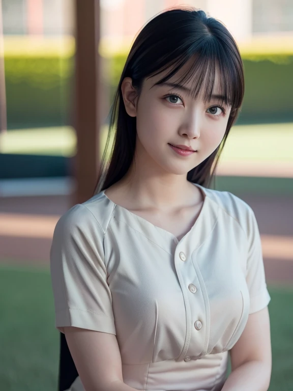 Detailed face、Detailed eyes、Detailed mouth、Detailed nose、(Very tight buttoned shirt:1.3)、(Shooting from the side:1.2)、Very cute girl、beautiful girl、Big Breasts、Cute Japanese Woman、、high school girl、Young girl