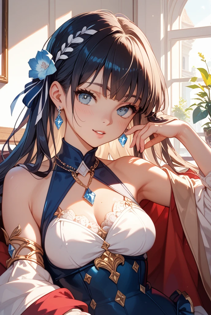 (s girl),divino,Seductive pose,having fun,Being in love,pale robe,intricate detailed clothes,Pattern,Dark swimsuit,inside in room,solo person,silber hair,(Flower headdress)
