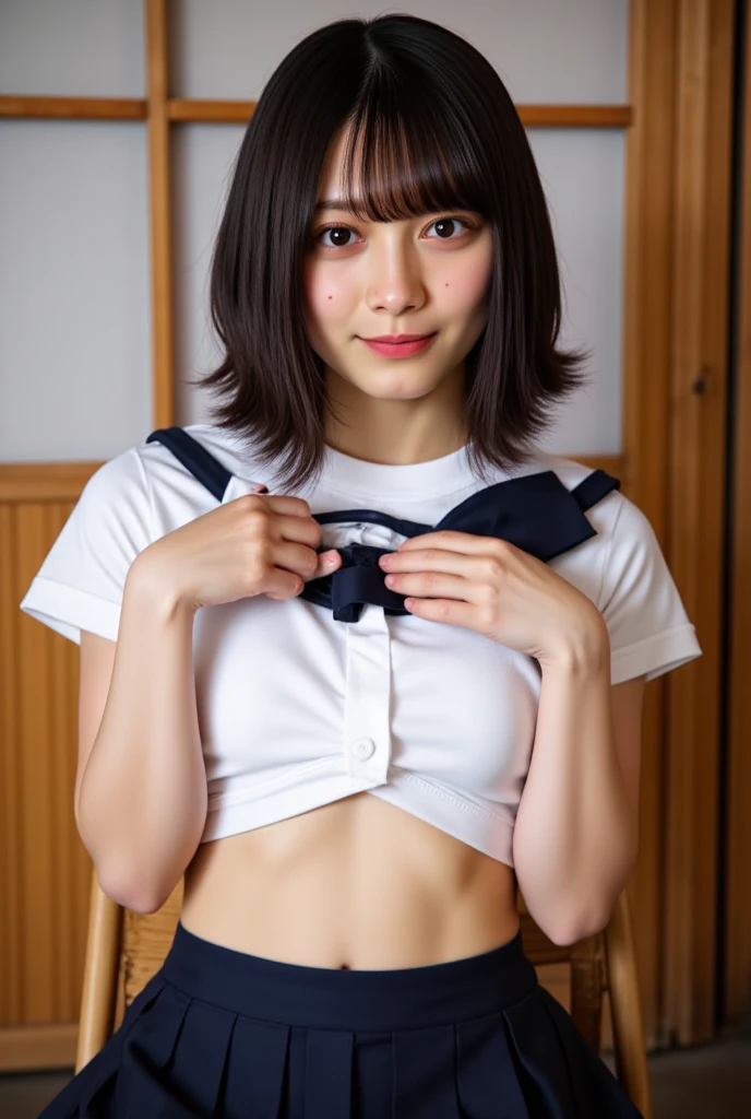 (((whole body)))、{{{From below}}}((masterpiece, Highest quality)),{{{Spread your legs。Please put your feet up}}}、{belly button}、Low length、Flat Chest、、Best aesthetics,One Girl, alone, Long Hair,、Swimsuit with blue stripes、ribbon, Black Hair, Rose, hair ribbon, Green Eyes, Short sleeve, white Rose, smile, black ribbon, (((whole body)))、null、cloud、sunlight、Front lighting