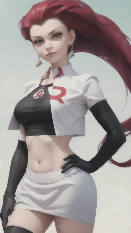 (Masterpiece), Best Quality, ultra-detailed, 1girl (jessie pokemon,Slender and sexy body, Big and pretty breasts, hair slicked back, long hair,purple hair,blue eyes, half-closed eyes), wicked smile, parted lips, facing viewer, looking at viewer, solo, 
team rocket ,team rocket uniform ,white skirt,crop top,thighhighs,elbow gloves, in the forest, standing, Sexy waist teasing 