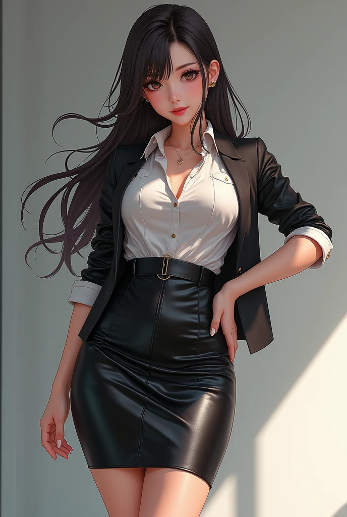 fotorrealista, high resolution, 1 mulher, sozinho, hips up, Olhos bonitos, cabelos longos, peito enorme, Pulseiras,Colar elegante, brincos de diamante elegantes, desk uniform, camisa branca, black skirt, Meias pretas