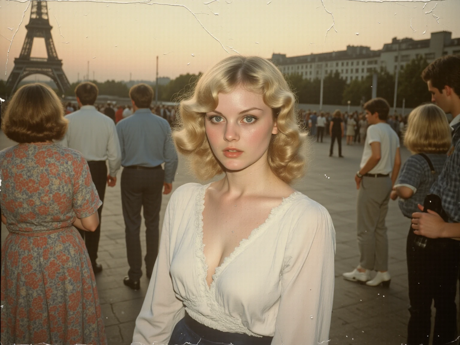 Photo of a beautiful girl 20 years old., university student in the USSR, 1980s, blonde. long, big breasts fall out of dress, nipple halos are visible, nipple outwards, shy,, Blue dress. Photo taken in the city, From afar, to the streets, against the background of the crowd. The girl has a red hairpin'hair. The girl does not look into the frame. big naked breasts, full length girl. Brown bag in hand